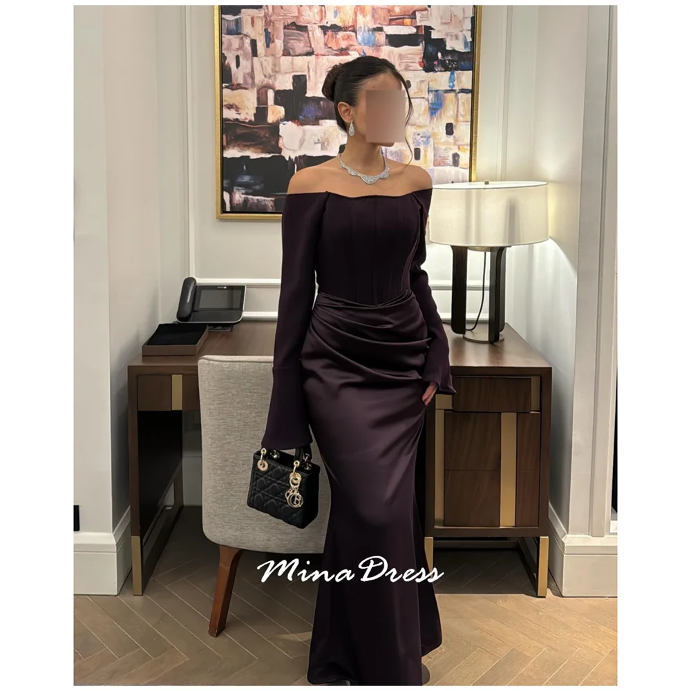 

Mina Customized Long Sleeves Arabic Evening Dress Luxury Elegant Party Dresses Woman One-Shoulder Rear Slit Off-shoulder Prom