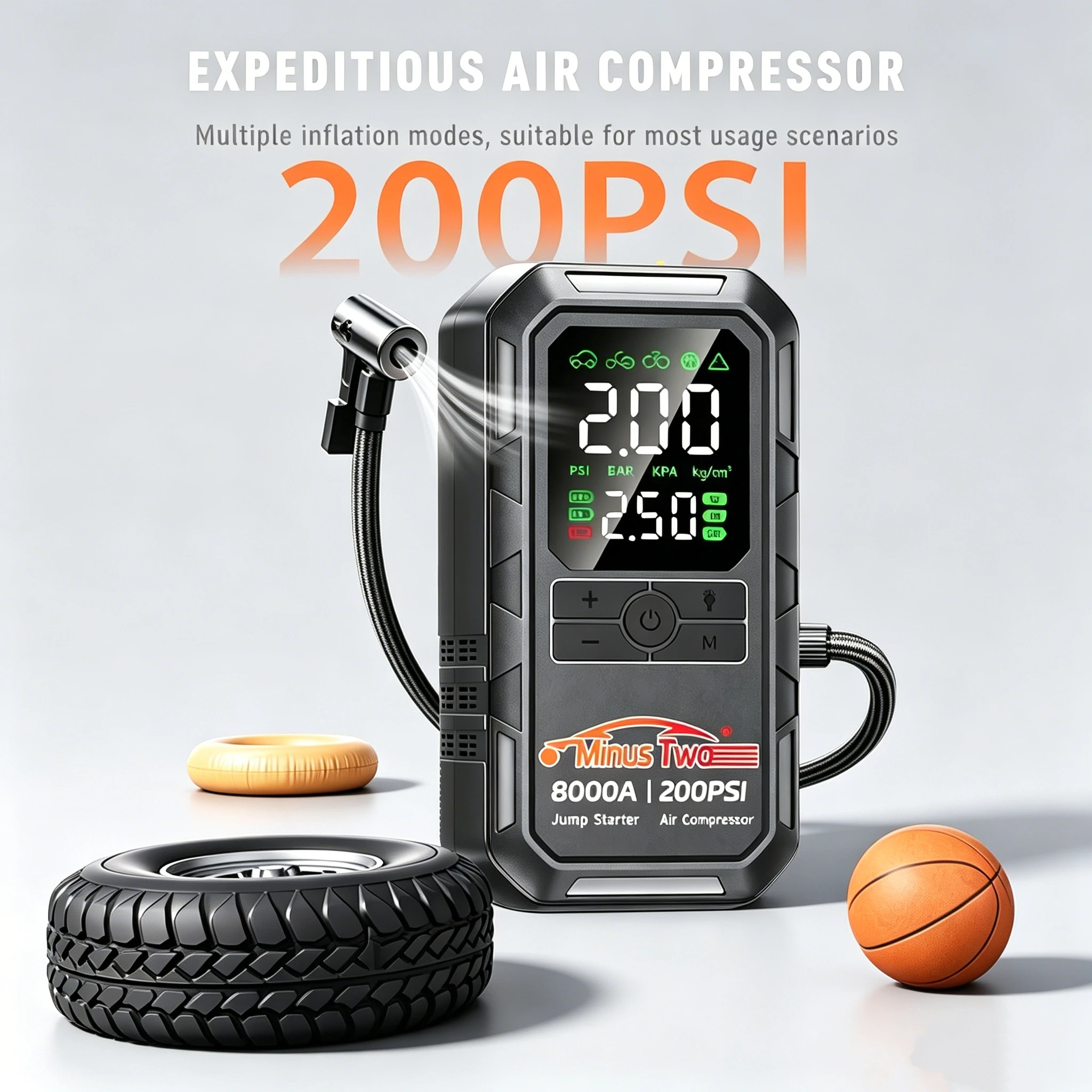 Multi-Function Car Jump Starter Tire Inflator 200PSI Air Pump with Power Bank Function