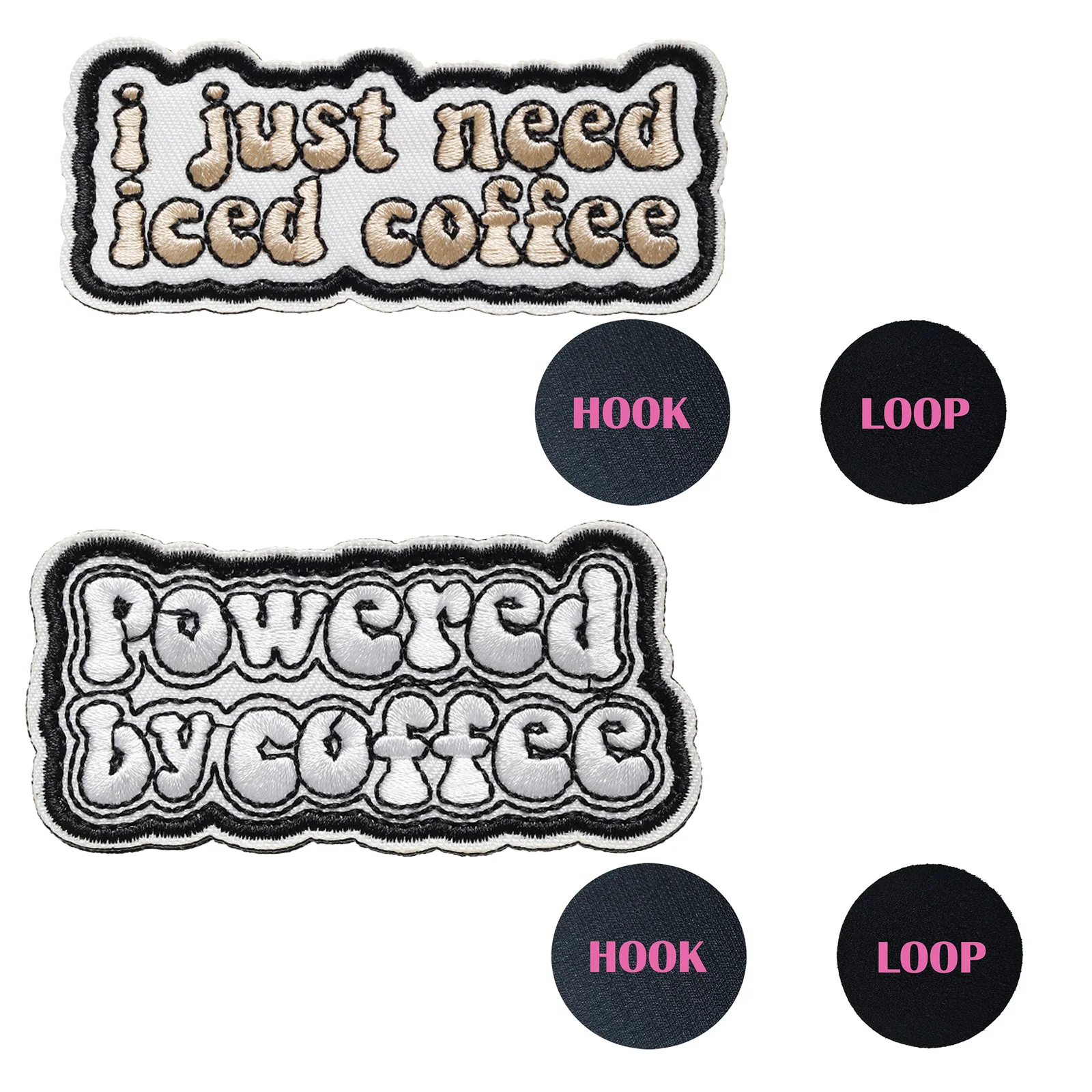 2PCs Hook and Loop Embroidered Patch Powered by Coffee Badge I just need Iced Coffee Embroidery Badge with Hook Loop Patch for D