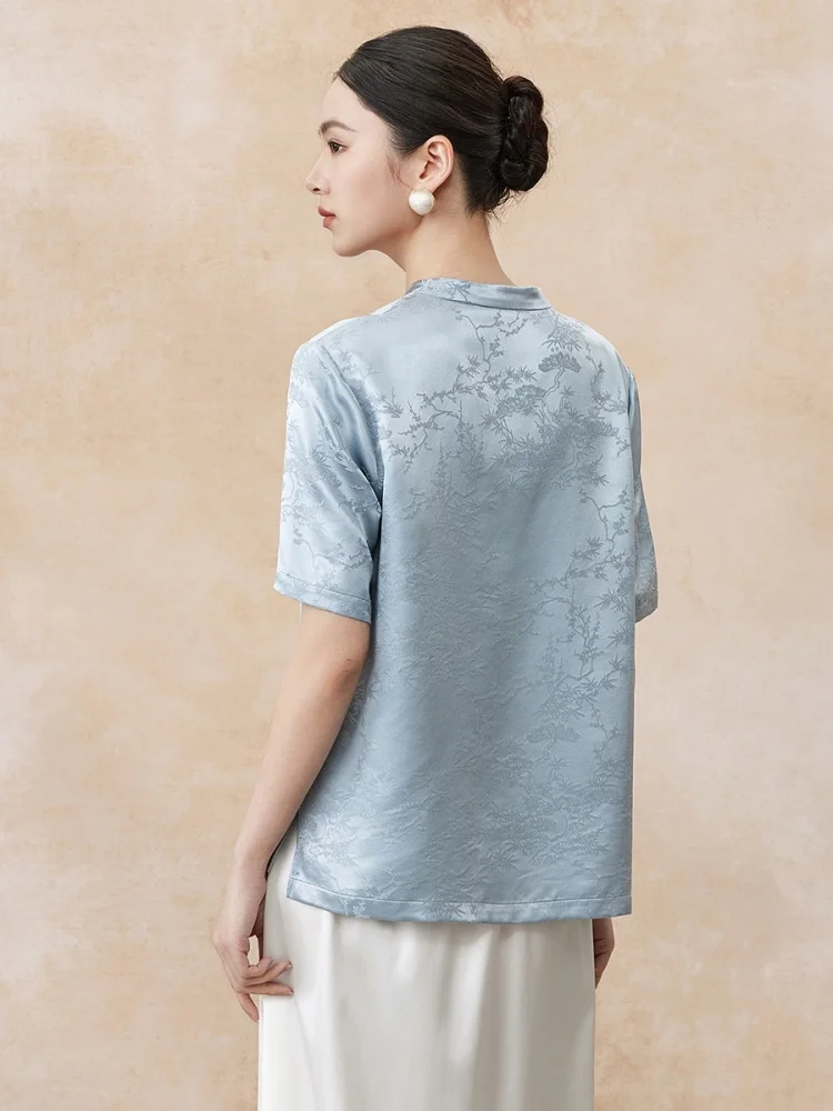 Birdtree, 28MM 100% Real Silk T Shirt, Stand Collar Short Sleeve Tops, Chinese Style, Women Embroidery Shirt, 2026 New T66709JF