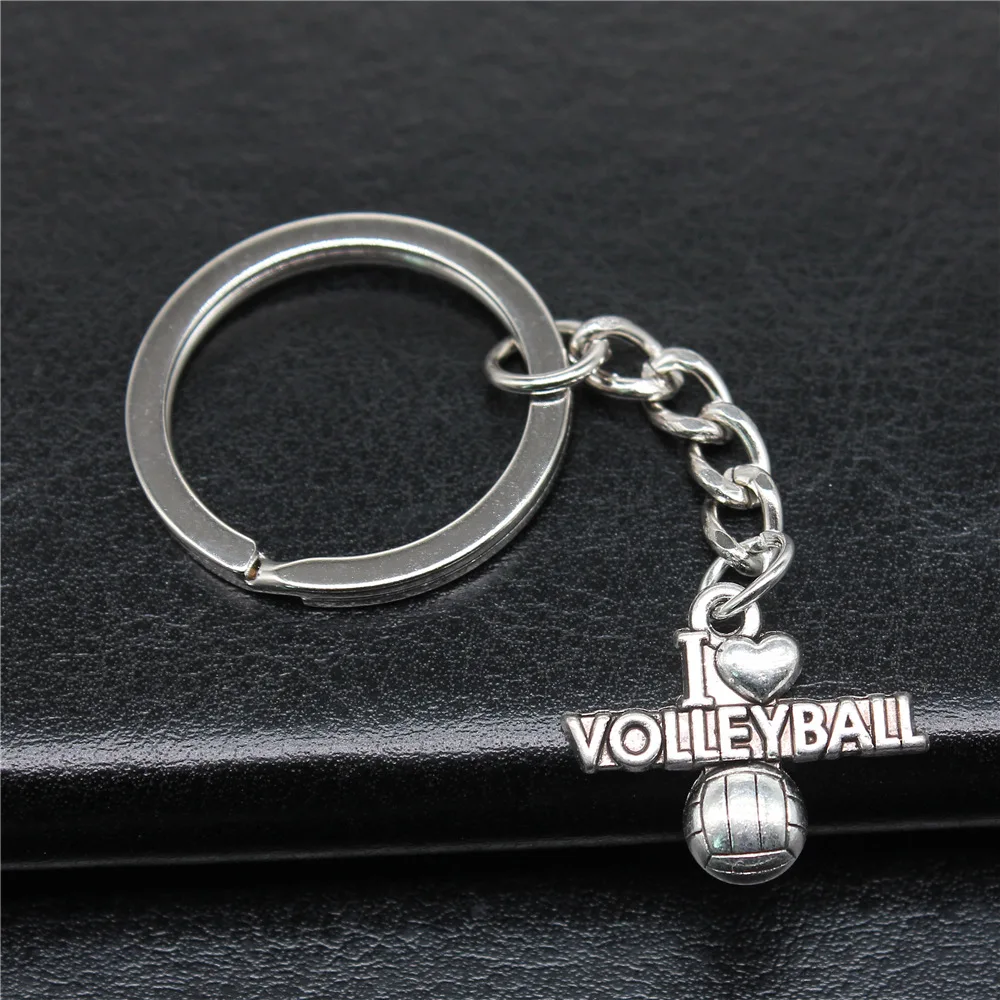 Keychain Holder Vintage Handmade Antique Silver Color 22x18mm I Love Volleyball Pendant Keyring