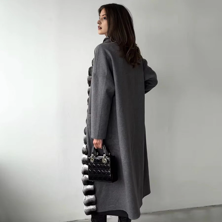 진짜 토끼털 칼라 여성 겨울 고급 캐시미어 울 코트 여성 천연 모피 코트 인기 스타일