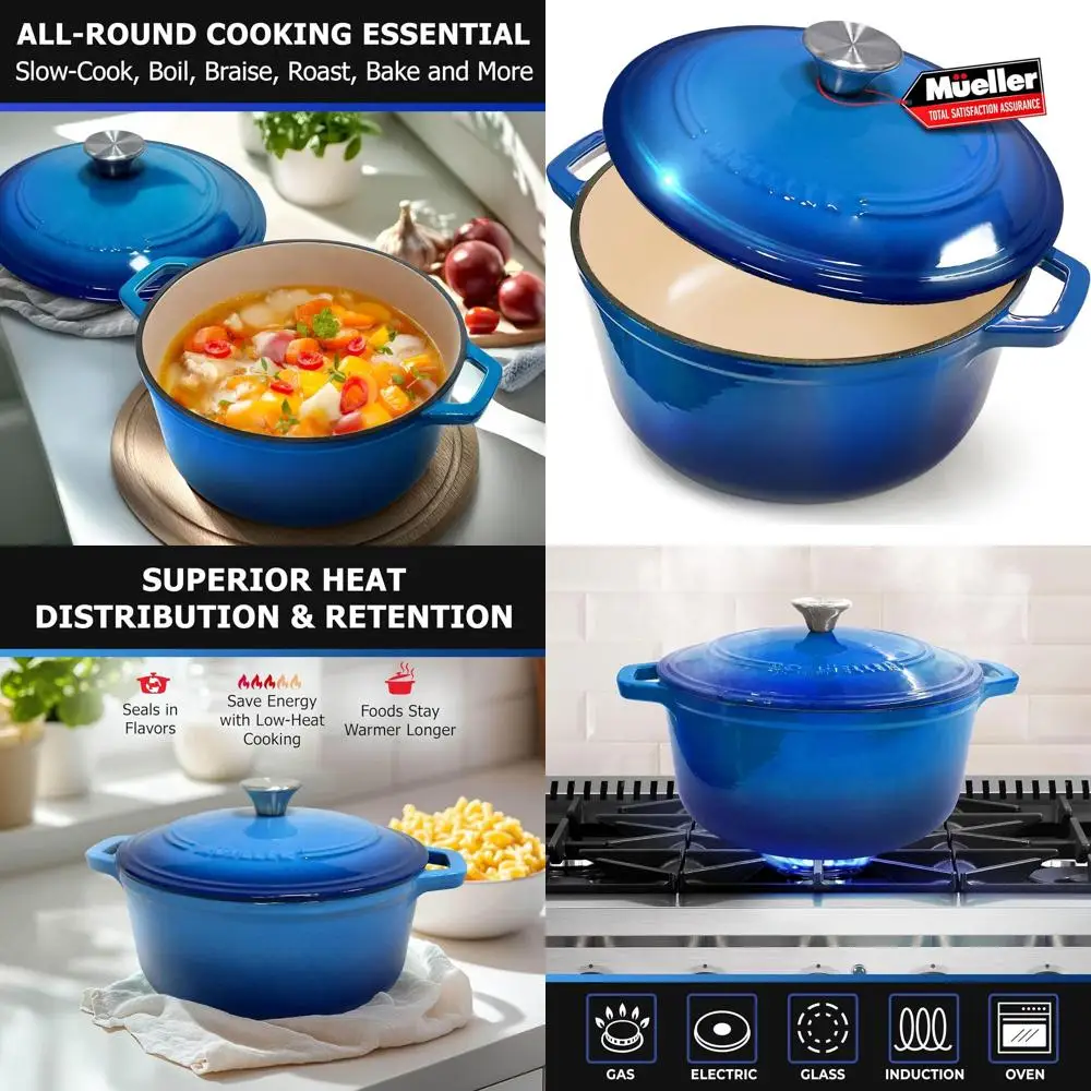 Olla Holandesa de Hierro Fundido Esmaltado Azul Agua de 4.5 Cuartos con Tapa, Cacerola y Olla para Estofar de Alta Resistencia, Apta para Horno hasta 500 ° F, Compatible con