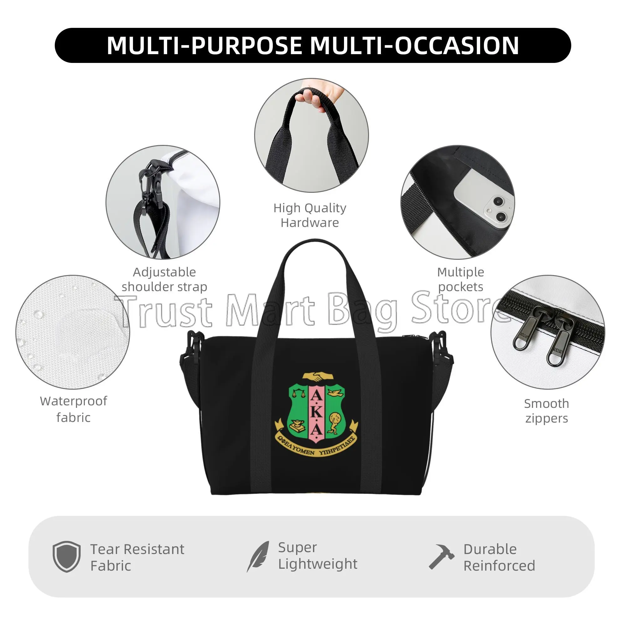 AKA Sorority Print Bolsa de Viagem de Mão para Homens e Mulheres, Sacola Multiuso, Sacos Impermeáveis Weekender, Esportes, Pesca, Ginásio, Yoga, Bagagem