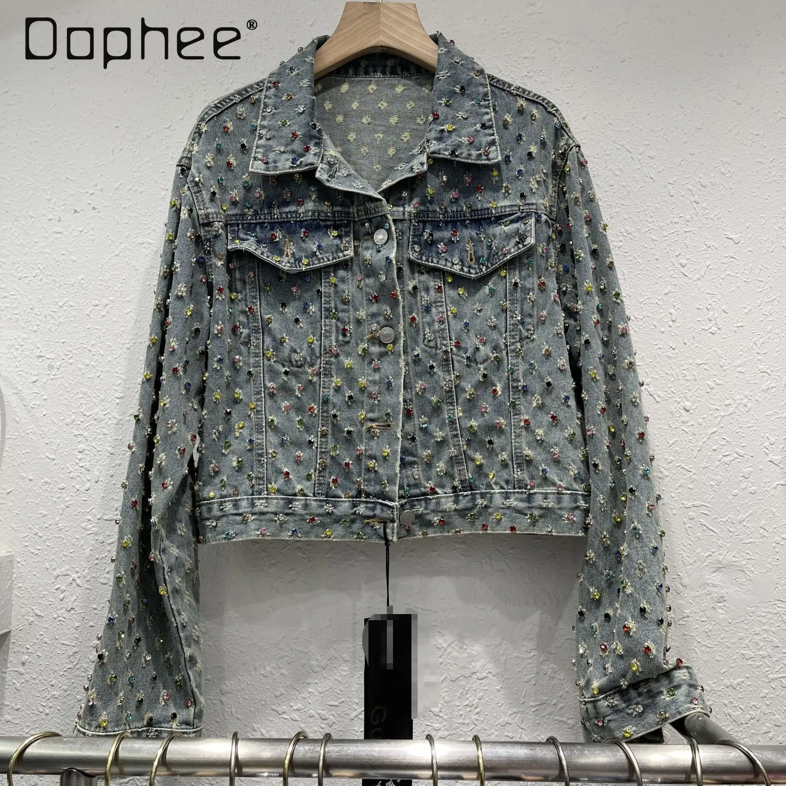 

Diamond Denim Jacket Women's 2024 Spring Autumn Slim Long Sleeve Turn Down Collar Single-breasted Blue Short Jeans Coat