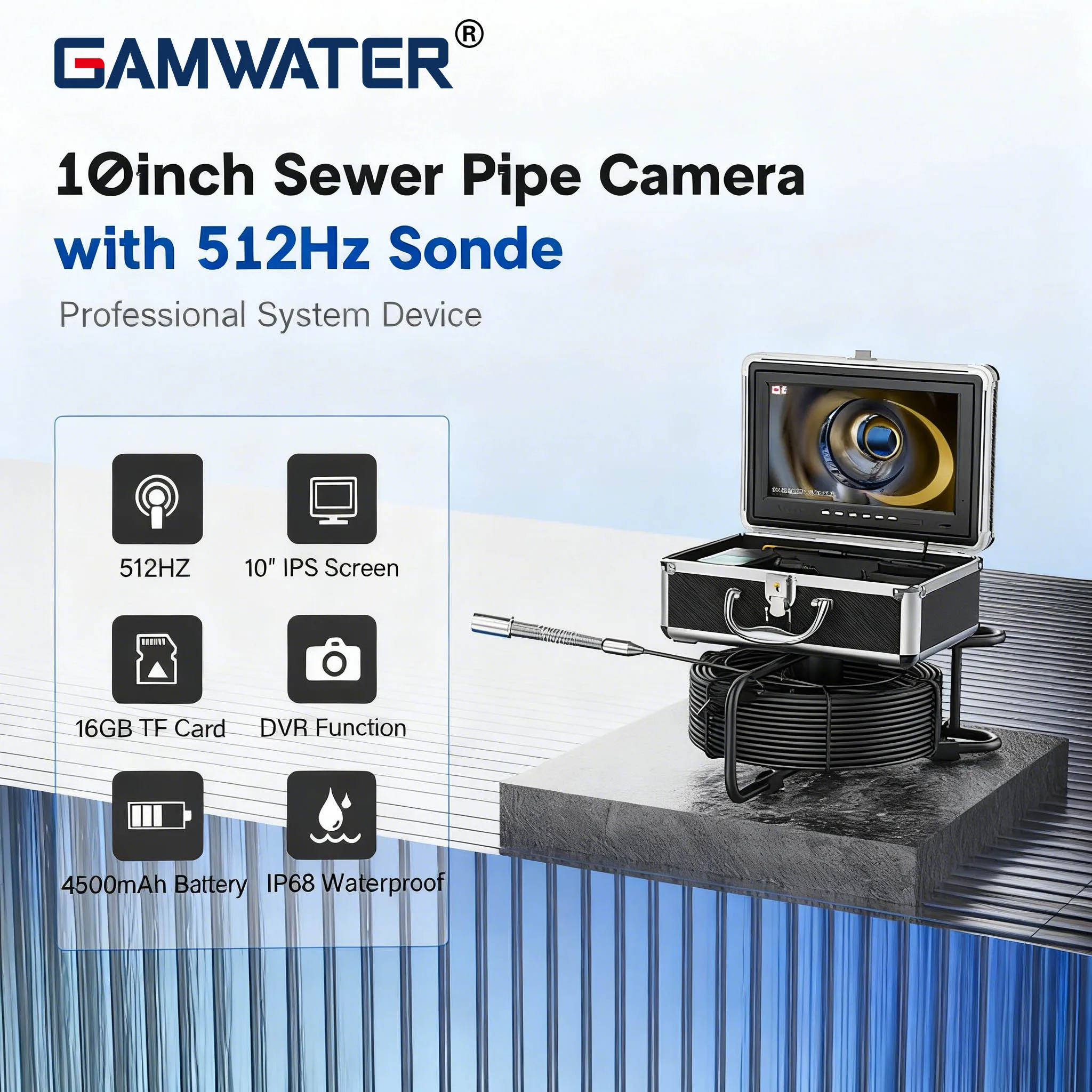 

Pipe Inspection Camera 10.1 inch 1080P Screen ,17/23mm Sewer Endonscope 512HZ Sonde, Sewer Camera IP68 with DVR 16GB,20/30/50M