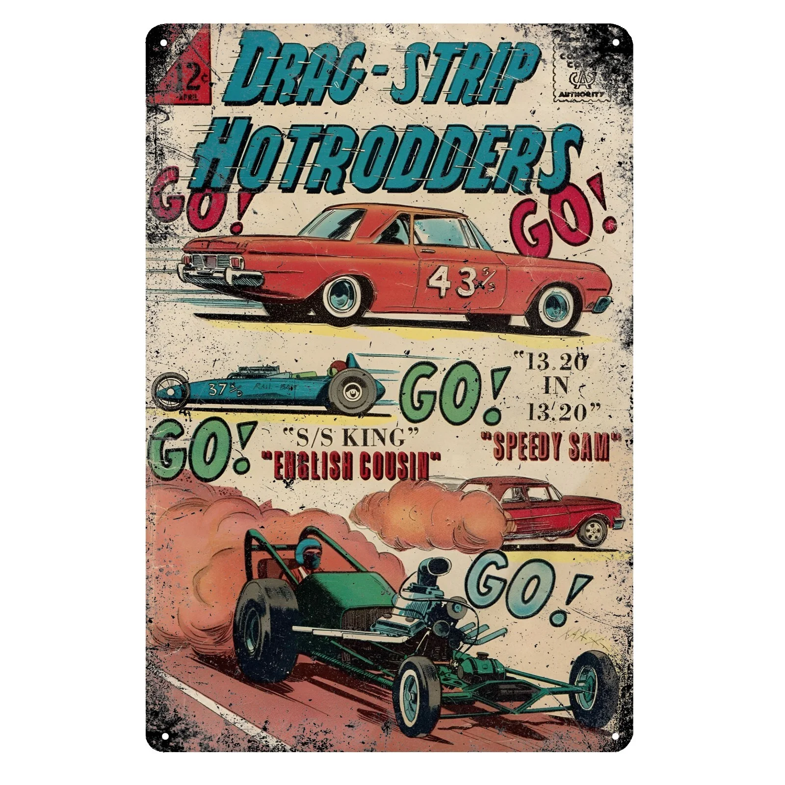 Vintage Drag Strip Hotrodders Comics Metal Poster -  Garage Tin Sign, Retro Car Racing Design with Hotrodders & Drag Racing Acti
