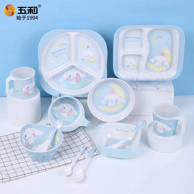 For Sanrio Cartoon Tableware Cinnamoroll Eating Plate Anti Scald Bowls Saucer Cup Spoon Baby's Complementary Food Tableware