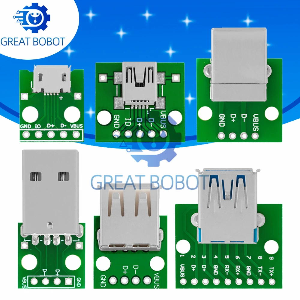 5Pin 2.54mm Pitch USB-01 USB to DIP Breakout Adapter, Mini/Micro/Standard USB 2.0 B Female Connector Module