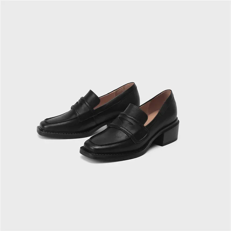 2022 Spring Genuine Leather Slip-On Women Shoes Casual Loafers Square Toe Simple Shoes Thick Heel Shoes Woman Zapatos De Mujer