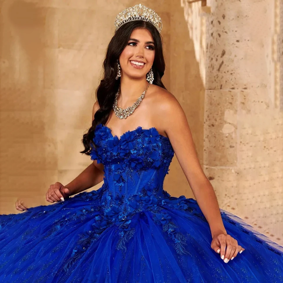 Customized Royal Blue Quinceanera Dresses 2025 Sequined Handmade 3D Flowers Sweet 16 Dress Ball Gown Lace Up vestidos de 15