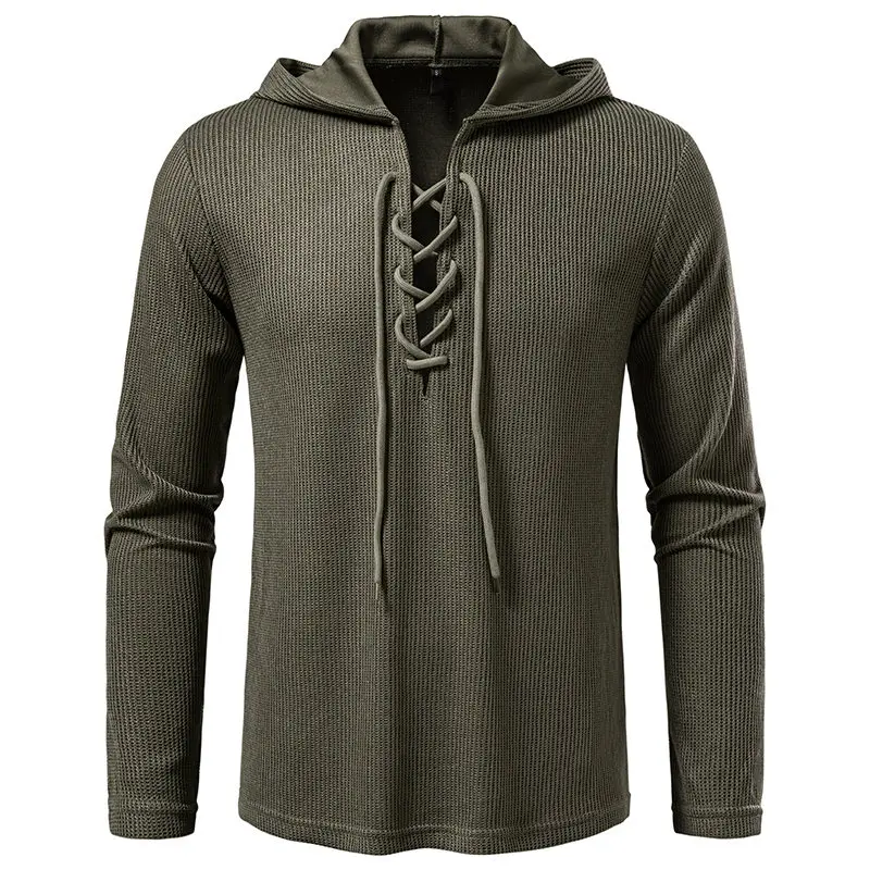 

New Autumn Men's Slanted Placket Design T Shirt Fashion Hooded Long Sleeve Tee Shirts Male Spring Casual Vintage Solid Tops