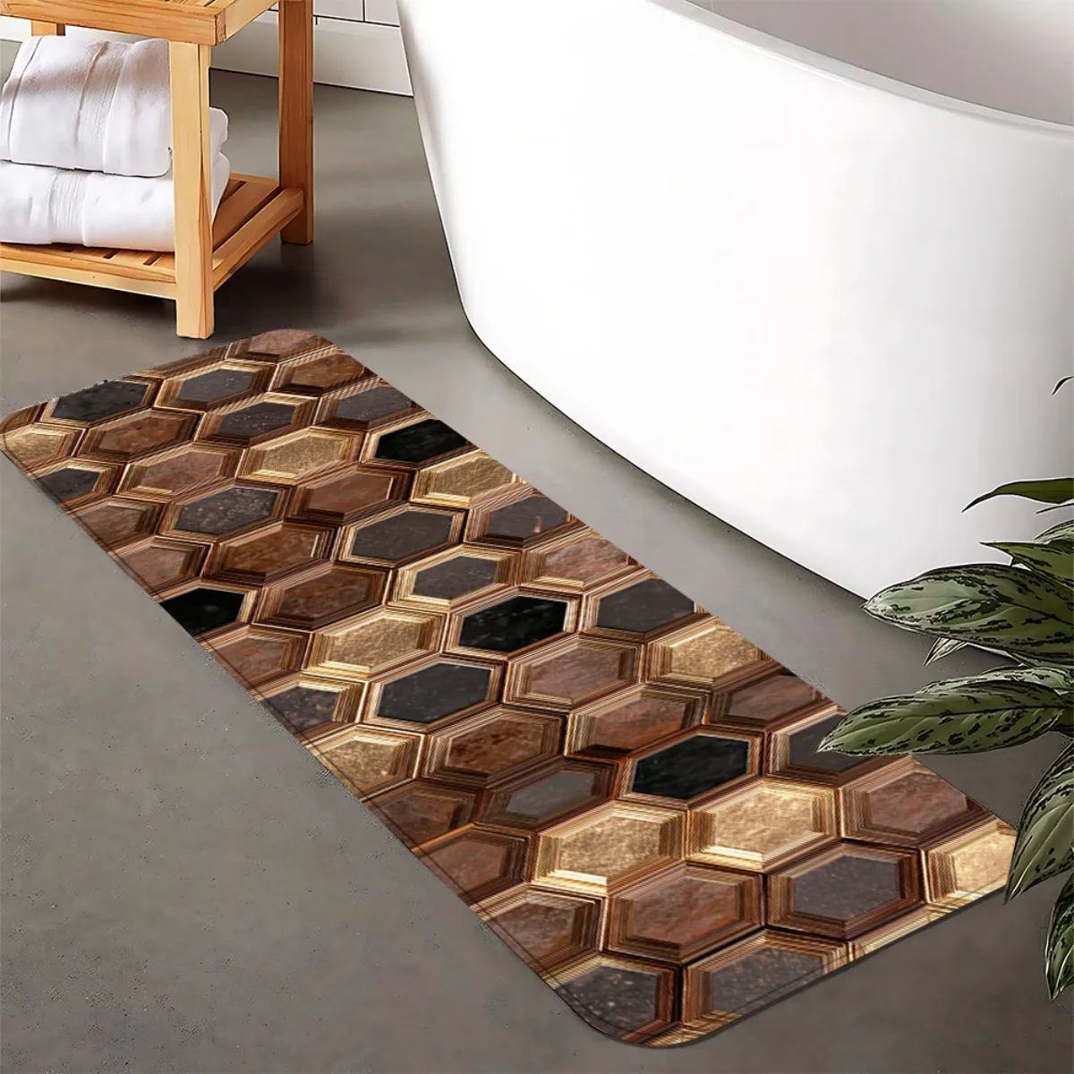 Luxury Retro Brown Gold Hexagonal Tile Geometric Texture Runner Rug, anti-slip easy clean carpet for bedroom front entry indoor