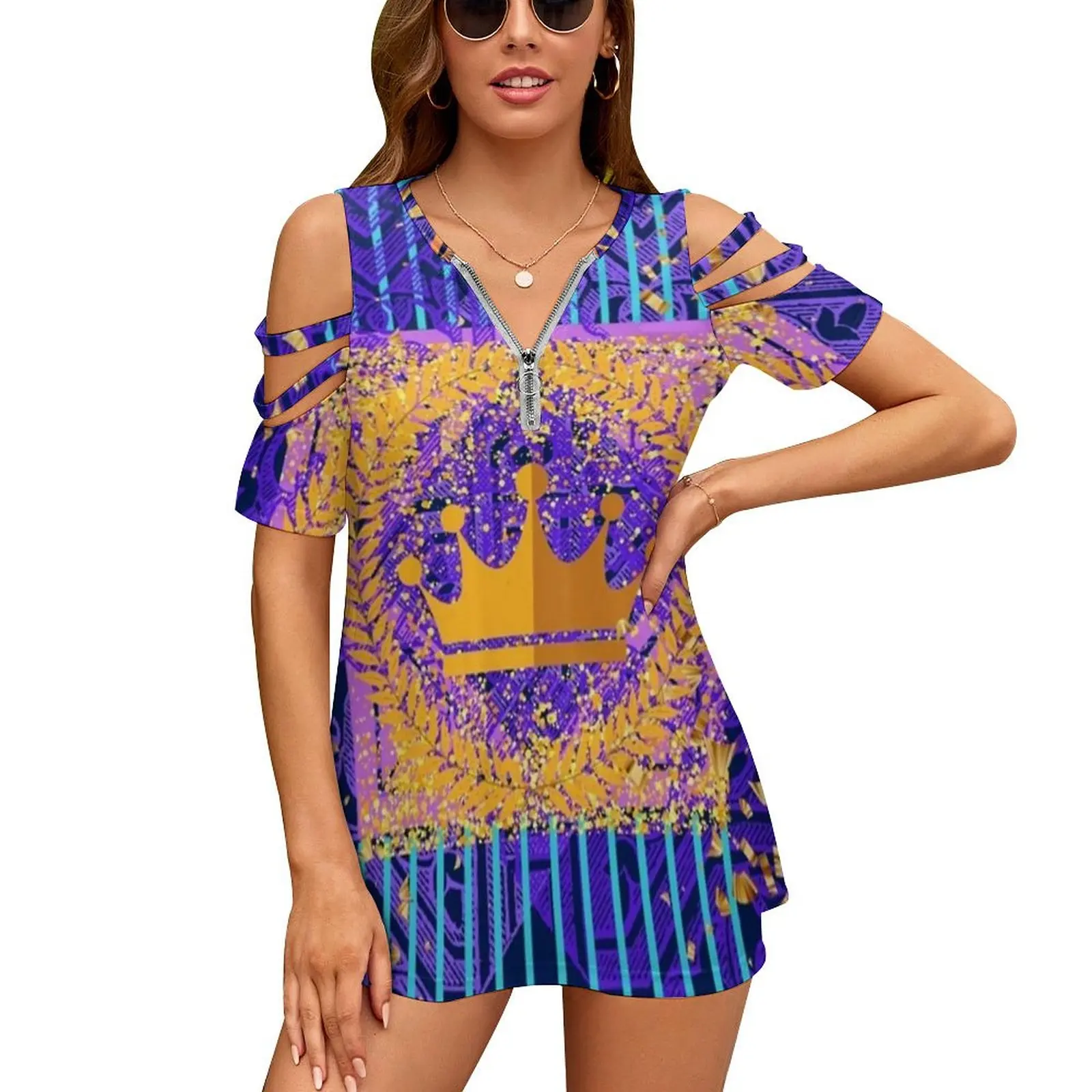 Crown Art New Fashion Zip Off Shoulder Top Short-Sleeve Women Shirt Crown Gold Blue Purple Artistry Orange Expressionism Gold