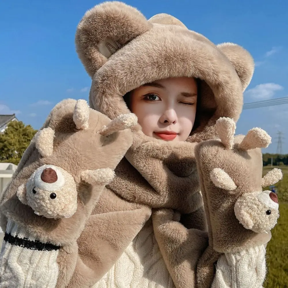 موضة سميكة قبعة وشاح قفازات مجموعة لطيف الدب الأذن شتاء دافئ النساء بيني قبعة الصوف مبطن وسميكة قبعة الدراجات