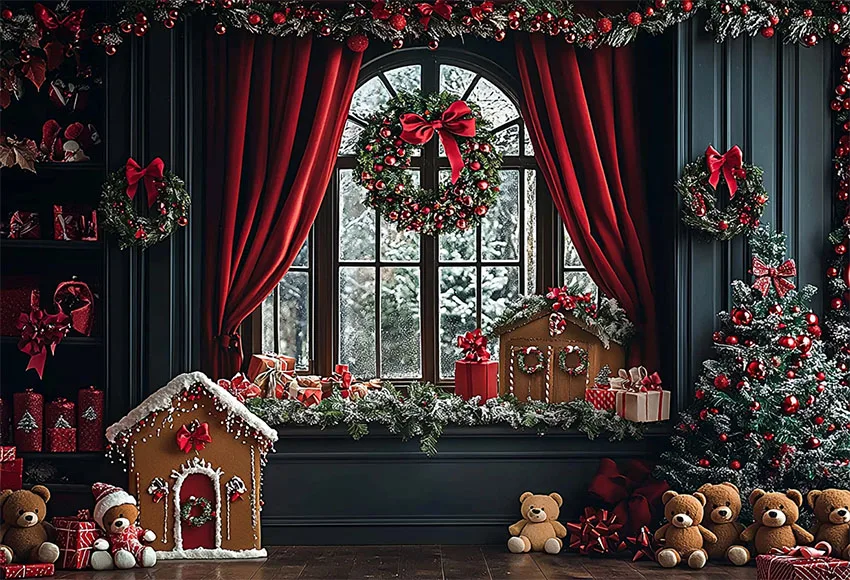 Mehofond Photography Backdrop Arched Window Red Curtain Family Festival Christmas Wreath Gingerbread House Bear Decor Background