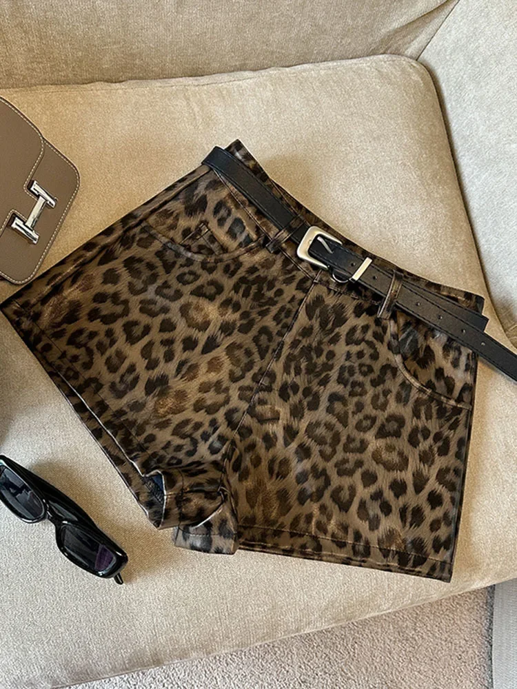 Korean Leopard Print Chic Pu Classic High Waist Simple Shorts for Women Autumn Vintage Fashion Casual Sexy Street Female Shorts