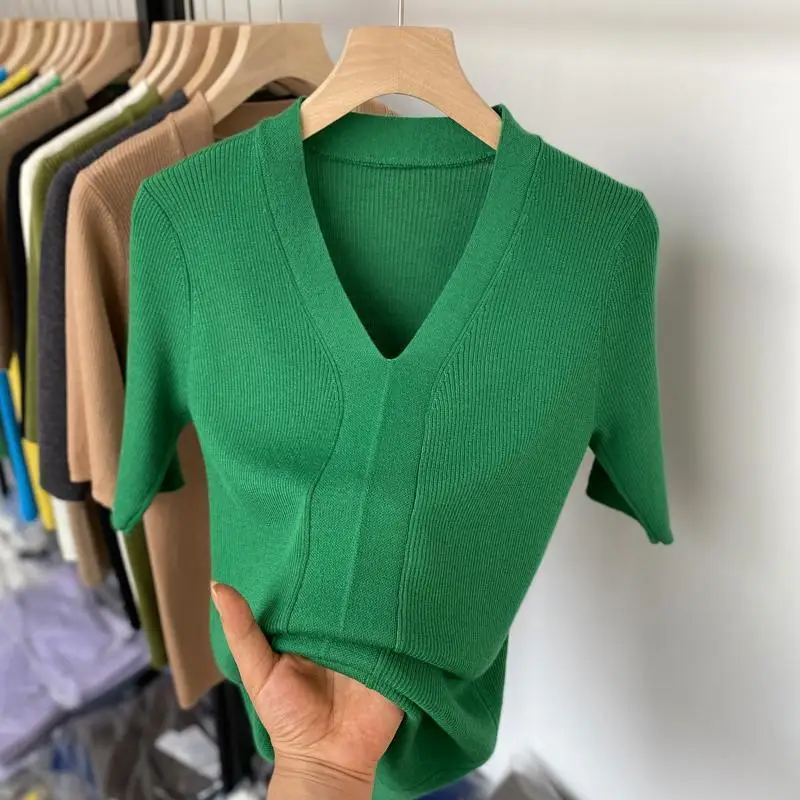 

Women's T-shirt Short Sleeve Tee V Neck T-shirts Female Summer 2024 New Slim Casual Solid Color Green Knitted T Shirt for Women