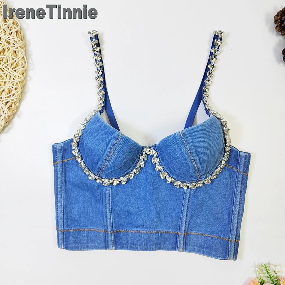 IRENE TINNIE Backless Tank Tops Sleeveless Patchwork Diamonds Suspenders Denim Vest Female Fashion Nightclub Clothes топ женский