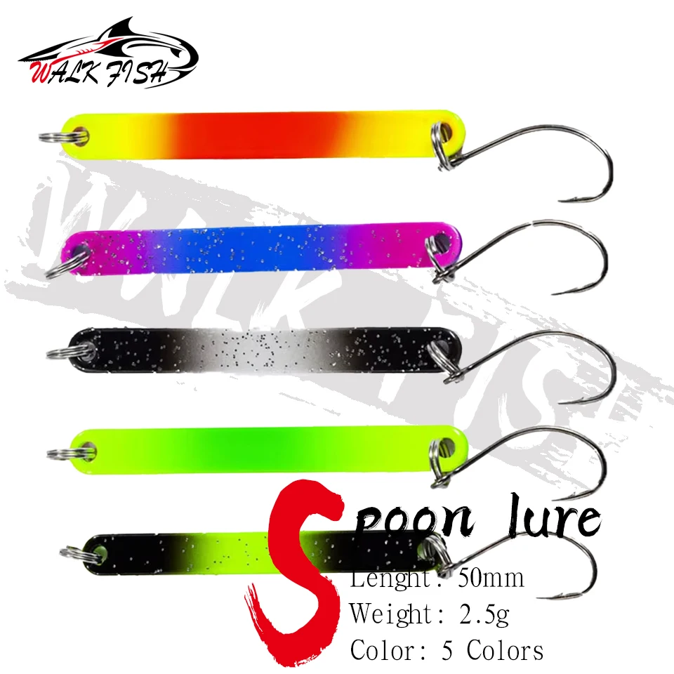 WALK FISH 1 Stück 50 mm 2,5 g Metalllöffel-Angelköder, farbige Pailletten, lange Streifen, doppelseitige Metall-Pailletten, harter Köder, Kupferbleche