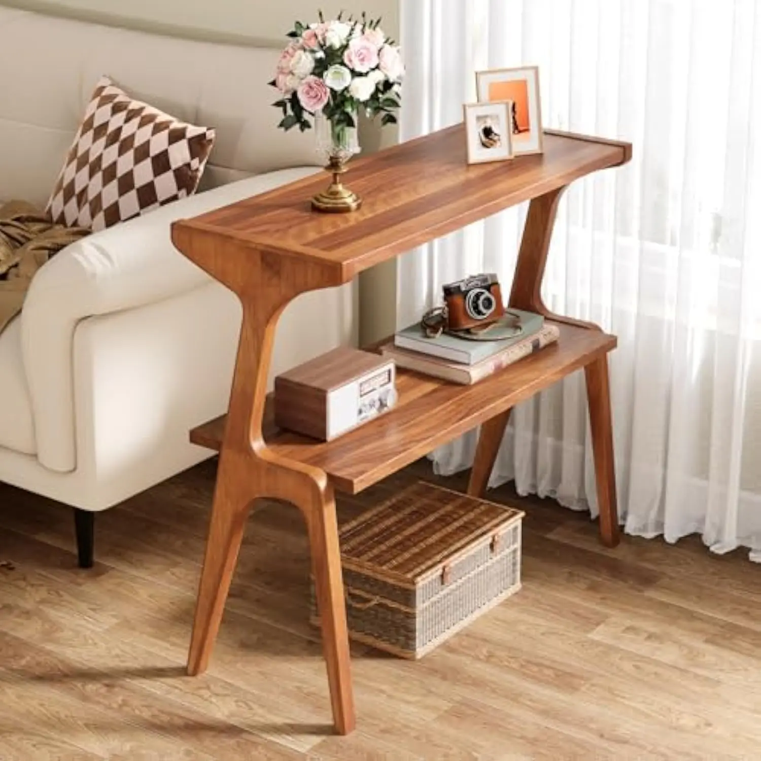 

Narrow End Table for Living Room, 2-Tier Slim Sofa Side Table with Solid Wood Legs, Modern Tall End Table with Storage Shelf,