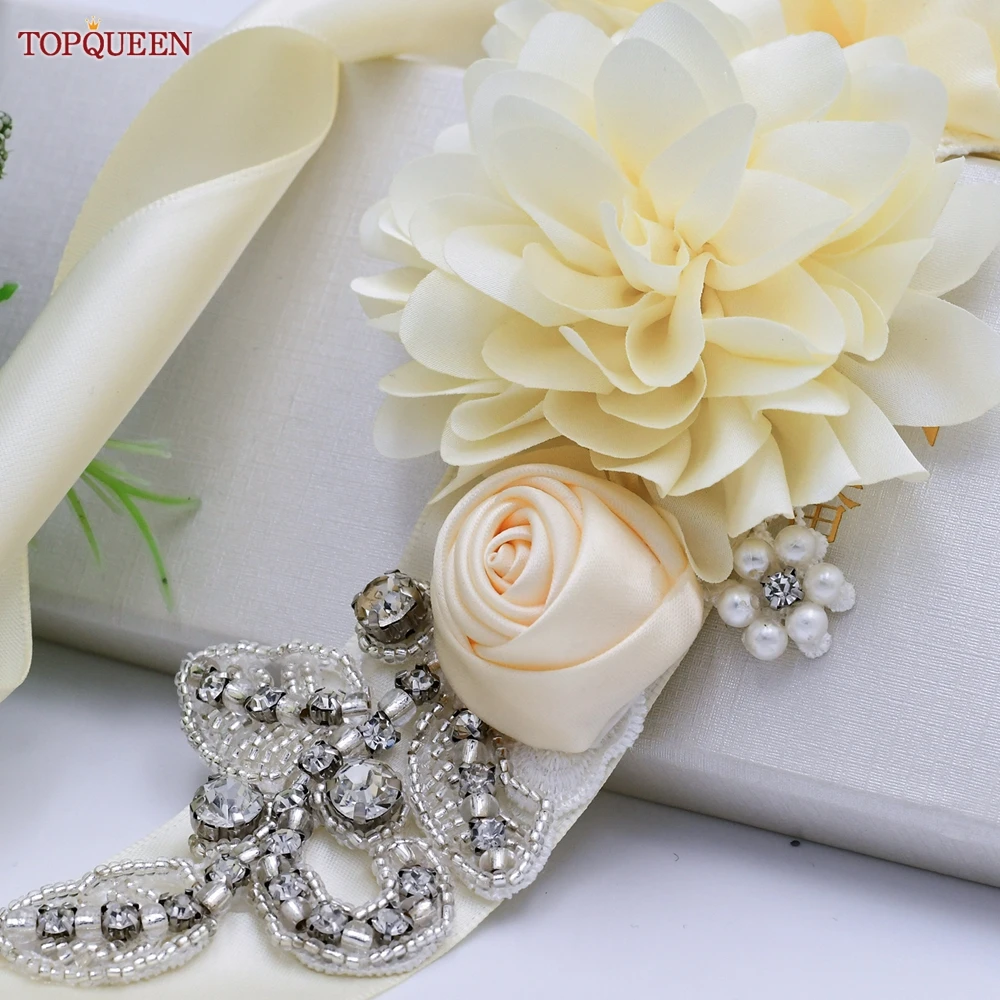 TOPQUEEN S260 Women Satin Flower Belt Handmade Beaded Belt Bridal Sash Wedding Belt Party Dress Waist Decoration