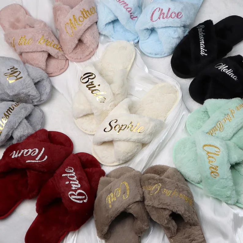 

Bachelorette Party Custom Fluffy Slippers Cross Over Pearl Slippers Bridesmaids Maid of Honor Matron of Honor Slippers