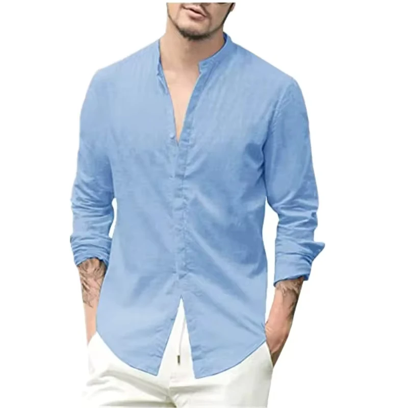 Europe and The United States Men's Simple Fashion Stand Collar Cardigan Solid Color Casual Long-sleeved Fashion Holiday Shirtt