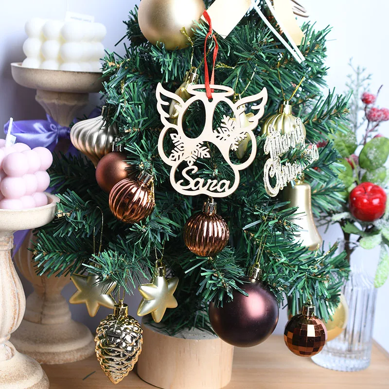 Christmas Personalized Wooden Paw Ornament for Dog Cat Name with Angel Wings Customized Decoration Gift Wooden Tags Hanging Gift