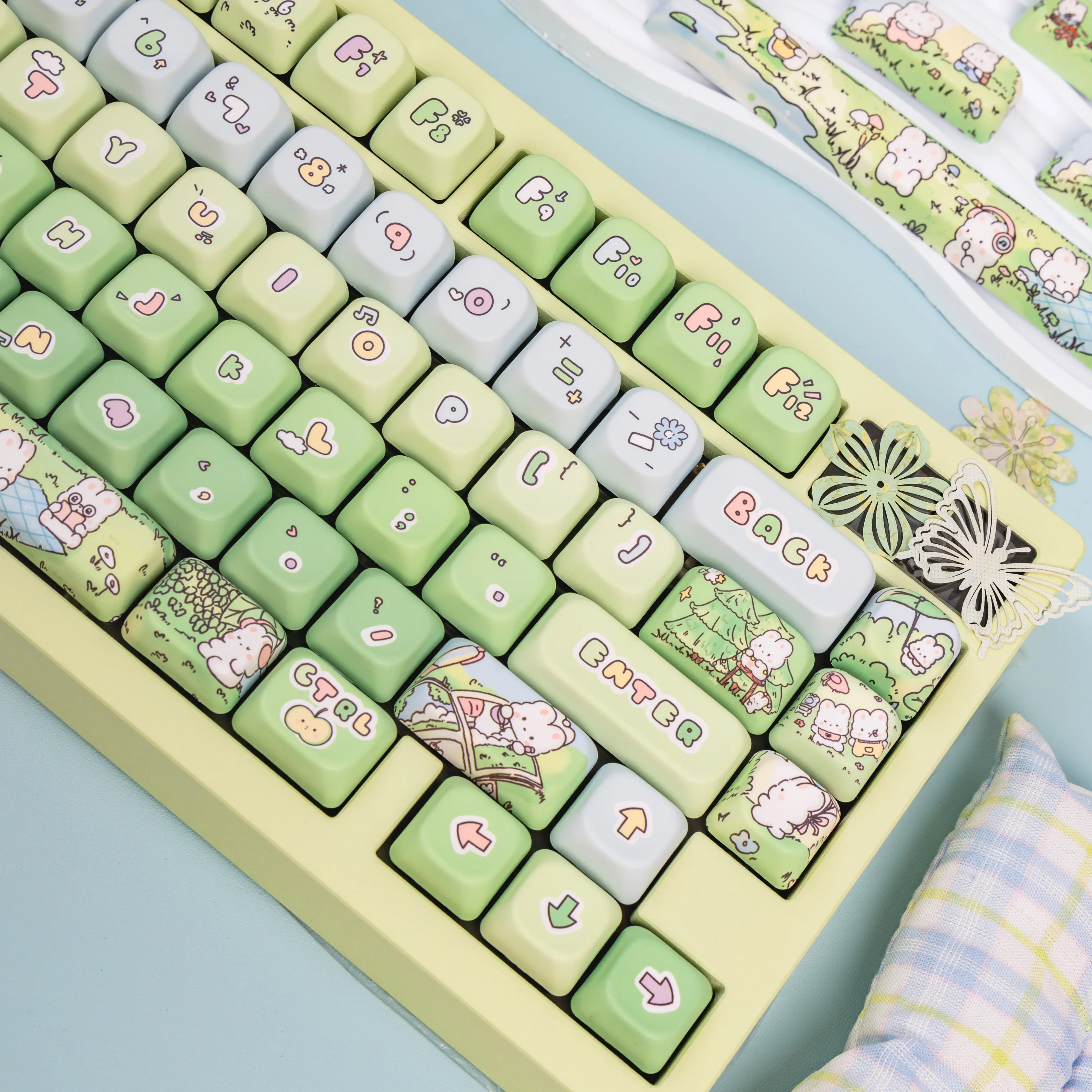 Cute Rabbit PBT Sublimation Keycap Green Series EOA Profile Small Fresh Original Theme Mechanical Keyboard Keycaps 133/141 Keys