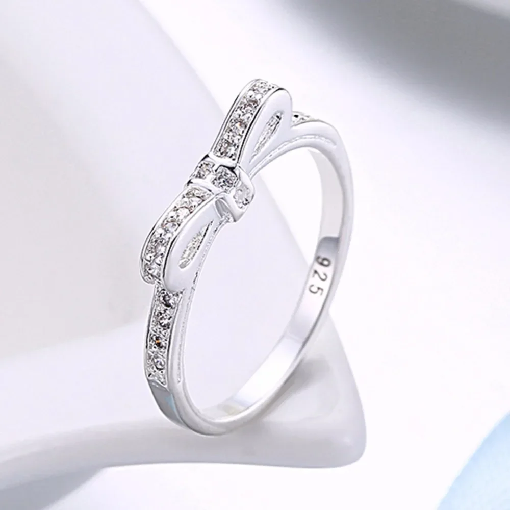 Beautiful Retre SILVER ring CZ Zircon Crystal  Bow tie pretty fashion Wedding silver color women Lady Ring jewelry