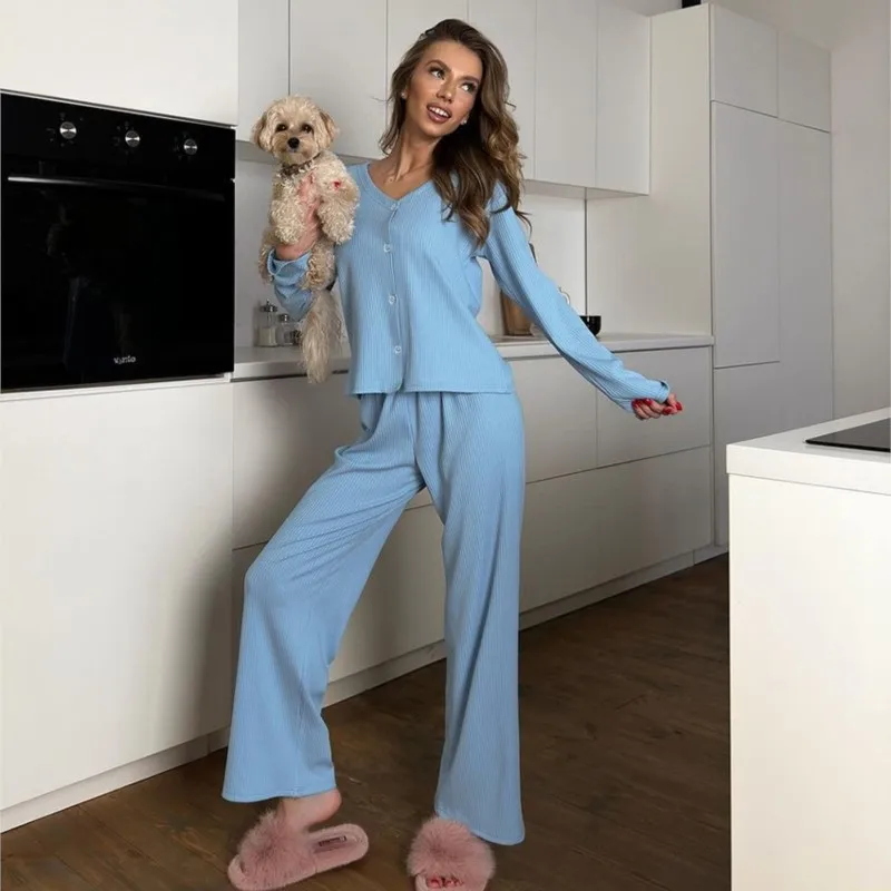 Ribbed Homewear Women Suit V-neck Long Sleeve T-shirts + Long Pant Sets Button Coat Loose Trouser Outfits Spring Autumn Pajamas