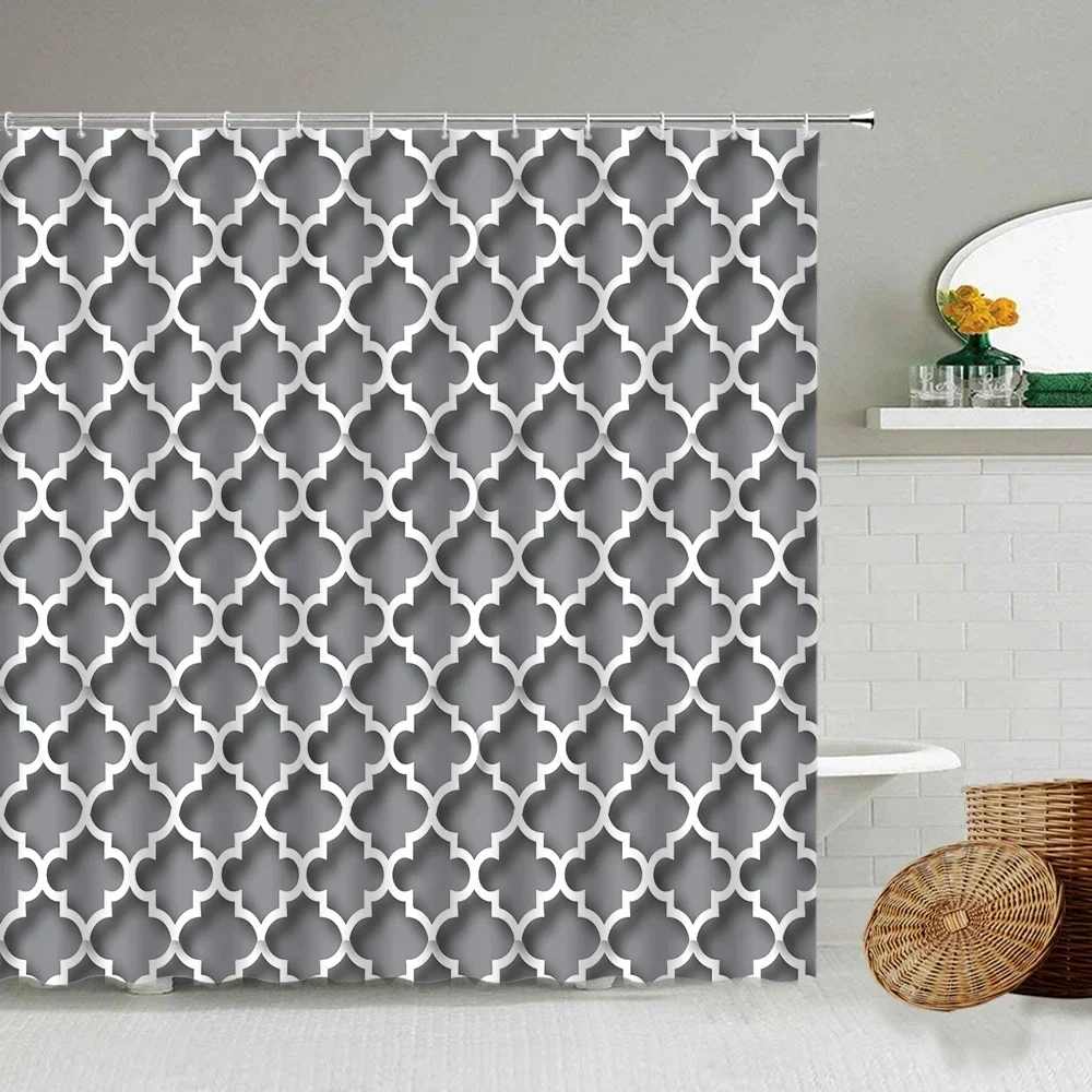 Black and White Checkered Wave Stripe Geometric Shower Curtain Bathroom Waterproof Polyester Curtain with Hook Home Decor