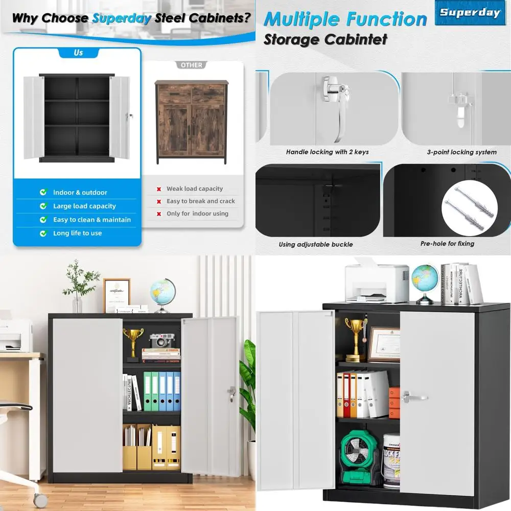 

Металлический шкаф для хранения с замком и регулируемыми полками для дома, офиса и гаража (черный/серый)