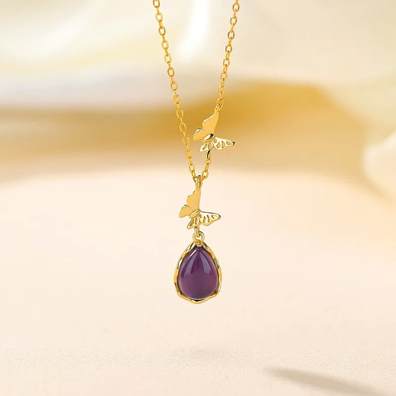 

TIMESWIND Natural Purple Crystal Teardrop S925 Double Butterfly Women Necklace with Certificate