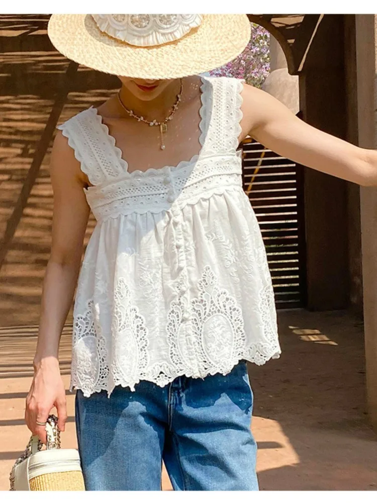 Bohemian White Square-neck Vest Top + Skirt 2-piece Set Women French Holiday Hollow Embroidery Skirt Set Casual Beach Outfits view 5