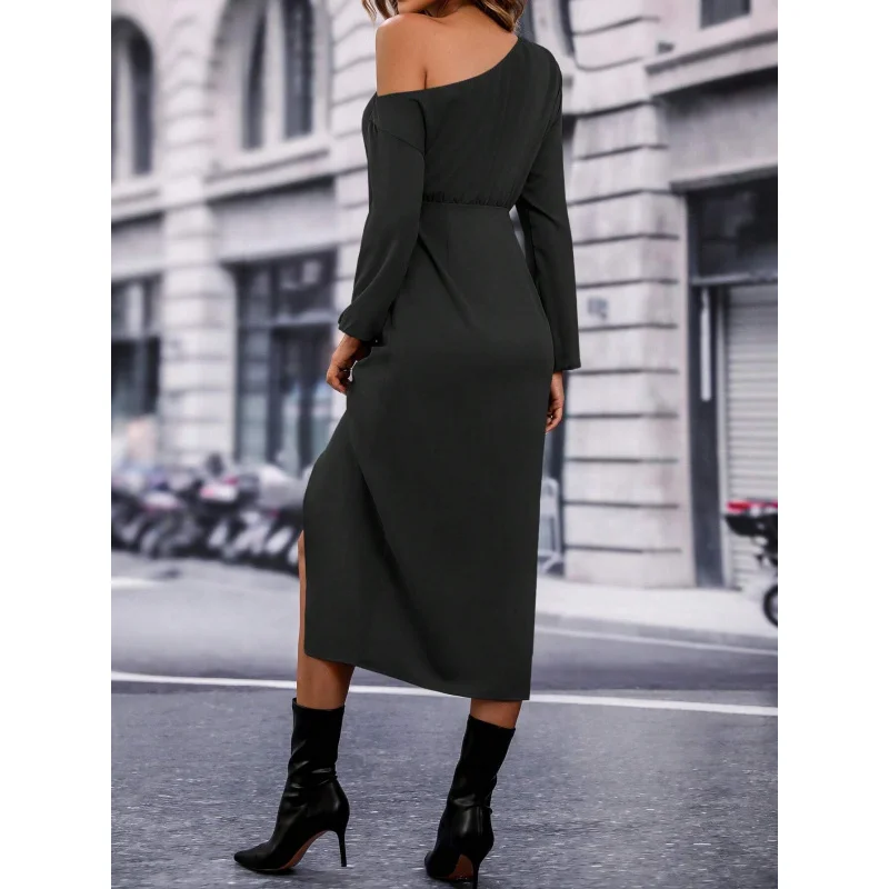 خريف شتاء جديد محطة مستقلة المرأة مثير خارج الكتف سبليت الخصر مقصوص غير المتماثلة الرقبة فستان بكم طويل #2