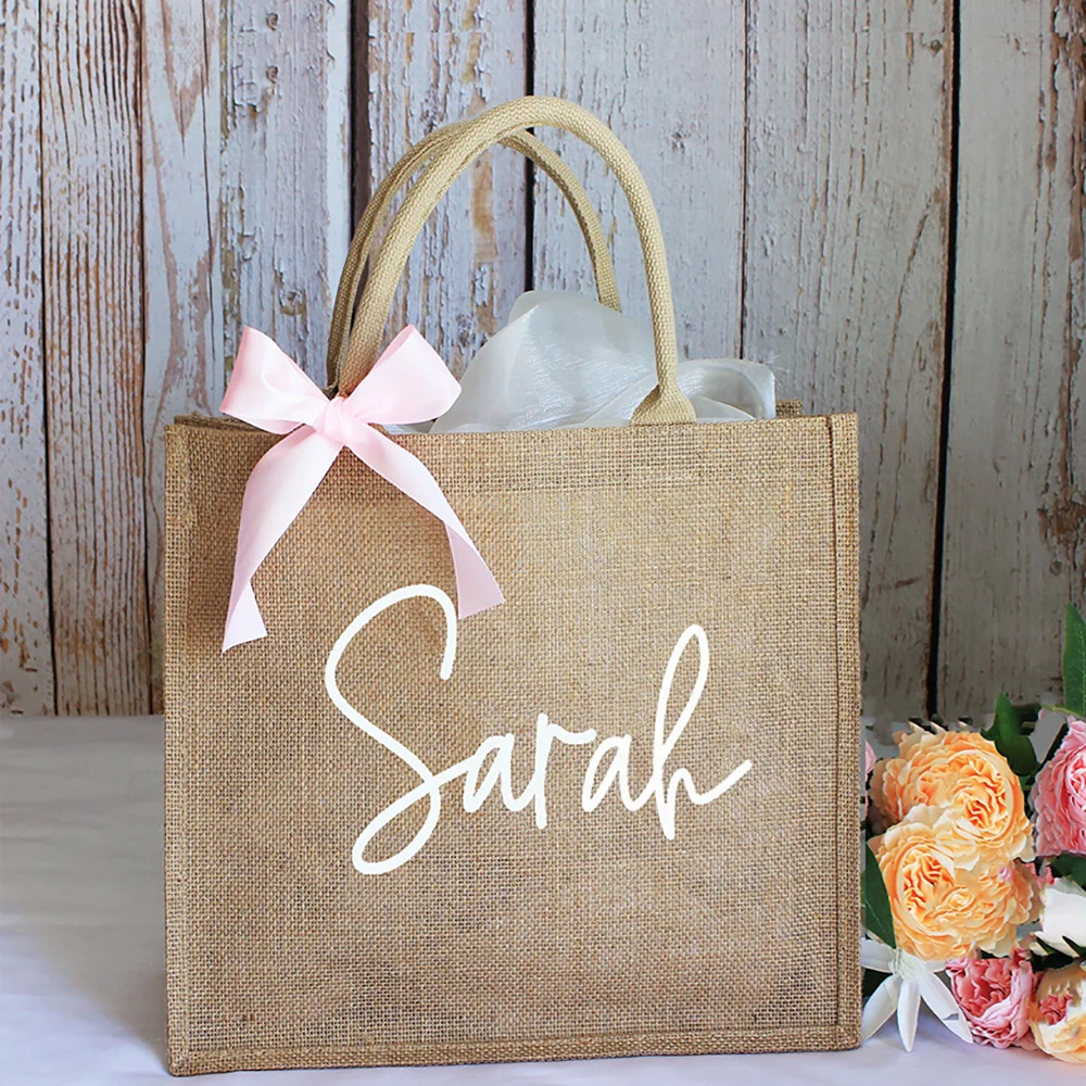 Custom Beach Burlap Tote Bags Bridal Shower Gift Bachelorette Party Jute Bag for Her Wedding Favor Portable Shopping Handbag