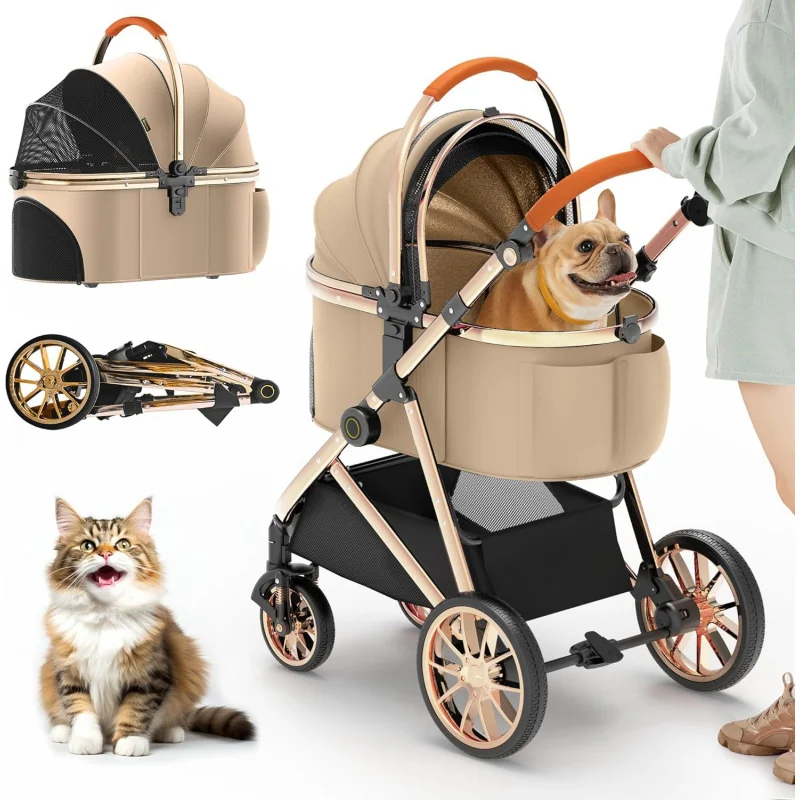 

2026 New：Luxury Pet Stroller 3 in 1 with Electroplated Gold Mirror Medium Small Size Dogs and Cats, High-End