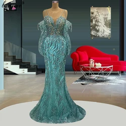 Sky Blue Mermaid Cocktail Dresses Plus Size Off Shoulder Crystals Evening Gowns With Pearls Turkish Coutures Vestidos De Cóctel