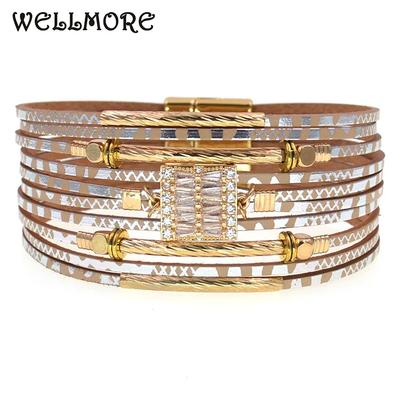 WELLMORE NEUE BOHO wickelarmbänder lederarmbänder für frauen glas mode armbänder magnet armbänder Weiblichen Schmuck großhandel