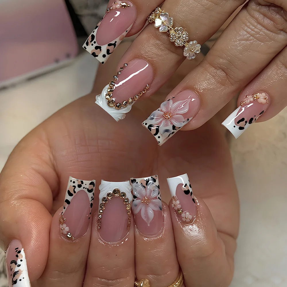 Almond Shaped Diamond Design Wearable False Nails French Style Medium Length Cross-Border Premium Quality False Nails