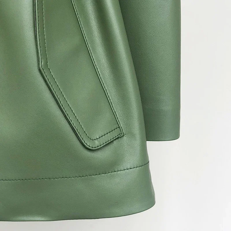 YOLANFAIRY Jaket Kulit Asli Hijau Jaket Kulit Domba 100% Kasual Wanita Mantel Musim Semi Musim Gugur Wanita Keluaran Baru Cuero Genuino 9901