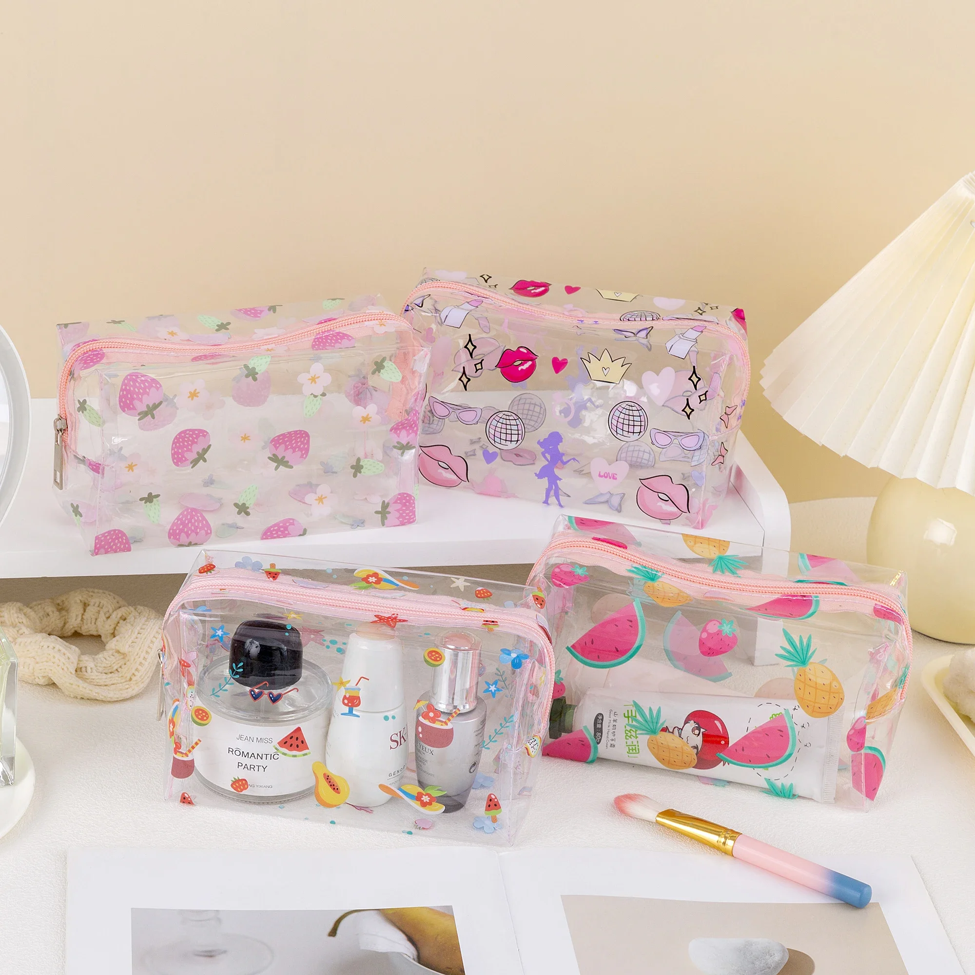 

Women Girls Cute Transparent Clear PVC Watermelon Strawberry Fruits Lips Full Printed Summer Cosmetic Makeup Bag Cosmetic Zipper