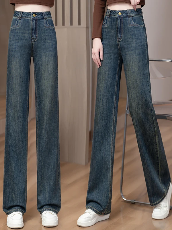 

Широкие джинсы Thiened Fce на подкладке, джинсовые брюки прямого кроя с высокой талией для женщин, весна-осень-зима, новые повседневные брюки