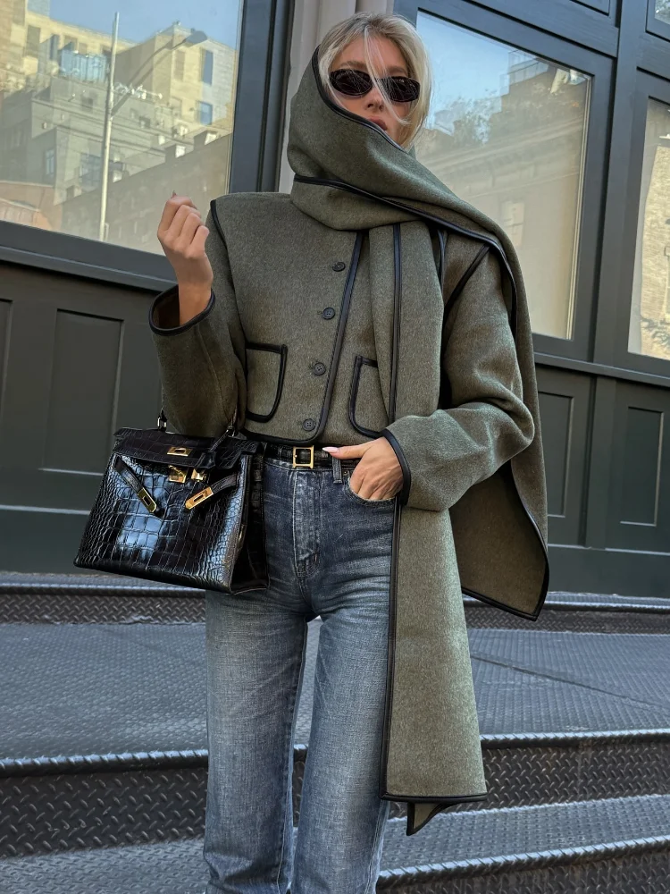 2024 Chic Scarf Collar Deep Green Pockets Coats Women's Elegant Single Breasted Patchwork Loose Jackets Lady Commute Streetwear