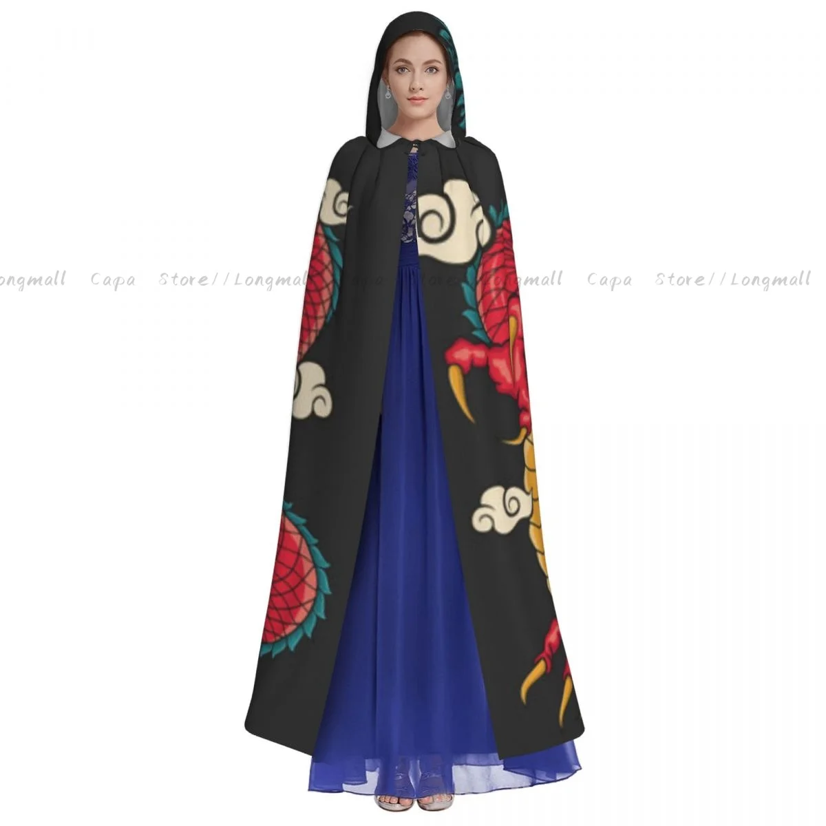 Gragon Print Cloak Hooded Cosplay Costume Halloween Adult Long Party Cape