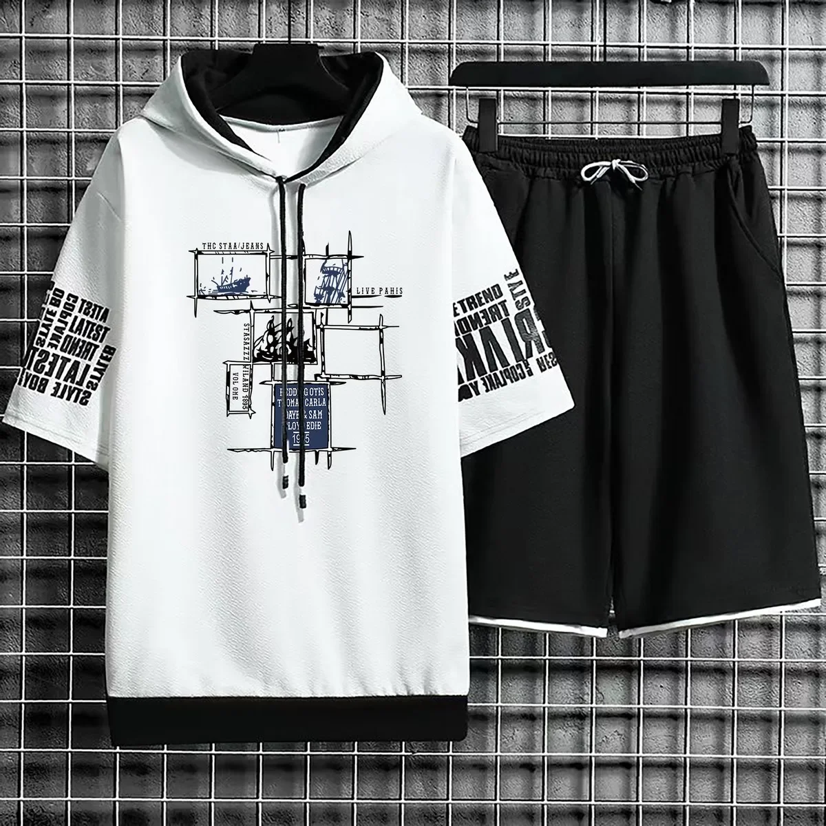 Men's Sets Hoodies Set Shorts Pullover Hat Casual T Shirt Clothing for Men Summer Suits T-shirt Hood Print Hoodie Short Sleeve