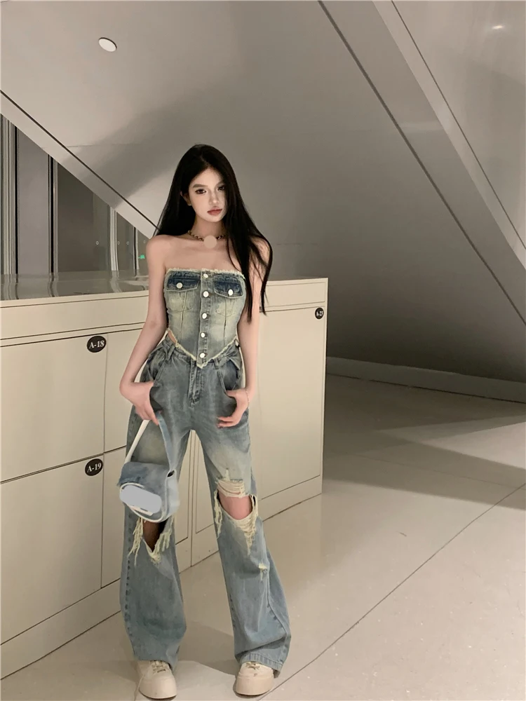 2023 Summer New Streetwear Distressed Hole Sexy Slim Irregular Denim Camisole Tops + Jeans Women Two-piece Sets