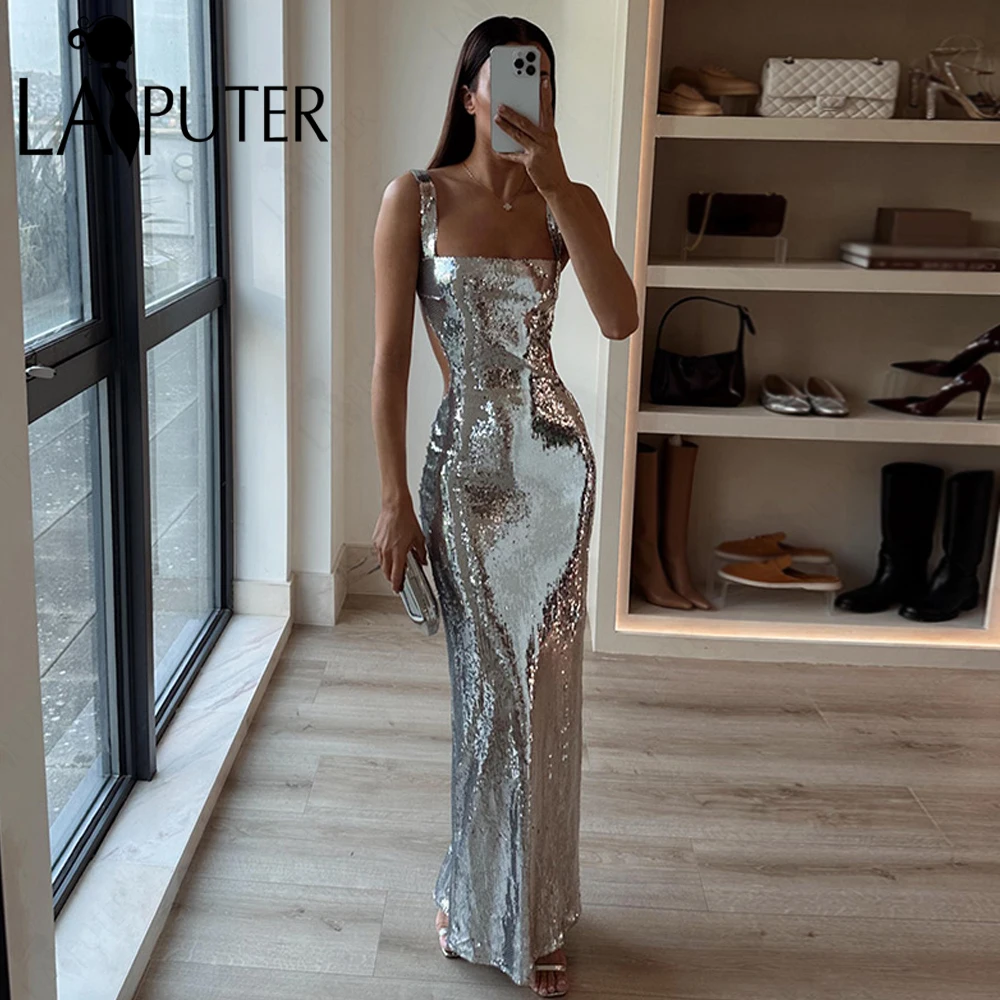 

Sexy Fashion Metallic Evening Dresses Women Square Neck Silver Shoulder Straps Backless Sliming Lady Party Club Long Prom Gown